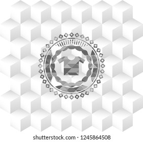 shirt icon inside retro style grey emblem with geometric cube white background