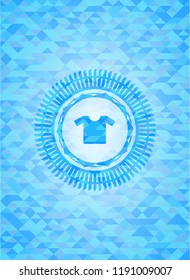 shirt icon inside sky blue emblem. Mosaic background
