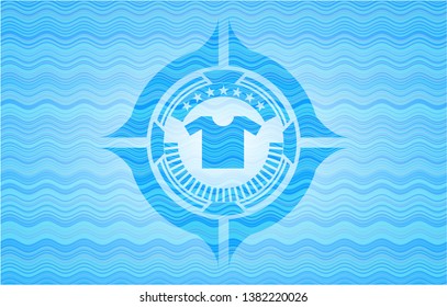 shirt icon inside sky blue water wave badge background.