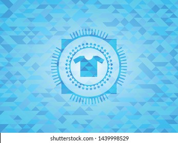 shirt icon inside sky blue emblem with mosaic background