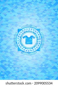 shirt icon inside sky blue emblem with triangle mosaic background. 