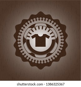 shirt icon inside wooden emblem. Vintage.