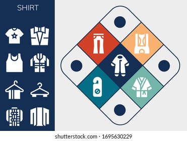 shirt icon set. 13 filled shirt icons.  Simple modern icons such as: Pijama, Jacket, Cardigan, Hanger, Sport shirt, Suit, Shorts, Jeans, Bathrobe