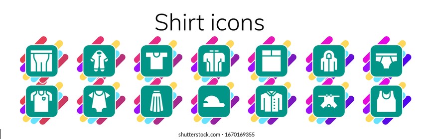 shirt icon set. 14 filled shirt icons.  Simple modern icons such as: Pants, Football jersey, Pijama, Baby clothes, Shirt, Skirt, Tshirt, Baseball cap, Washing machine, Hoodie