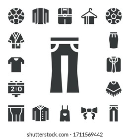 shirt icon set. 17 filled shirt icons. Included Football, Bathrobe, Shirt, Jeans, Scoreboard, Skirt, Clothes, Poncho, Pants, Cardigan, Overall, Hanger, Tie, Soccer icons