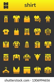 shirt icon set. 26 filled shirt icons.  Simple modern icons about  - Jeans, Football, Tshirt, Sport shirt, Pijama, Tank top, Shorts, Jacket, Clothes, Tunic, Skirt, Washing machine