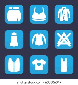 Shirt icon. set of 9 filled shirt icons such as no bleaching, sport bra, singlet, blouse, skirt