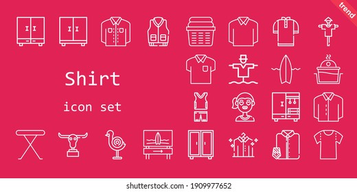 shirt icon set  line icon style  shirt related icons such as iron table  surfboard  buffalo  closet  suit   tie  jacket  sportswear  girl  dart board  scarecrow  shirt  laundry  polo