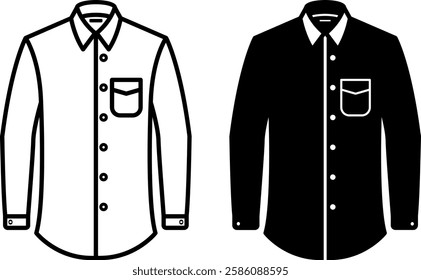 Shirt Icons. Black and White Vector Drawings. Clothing Made of Light Fabric with a Collar and Long Sleeves. Buttons and Pocket. Fashion Concept