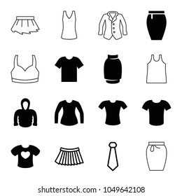 Shirt icons. set of 16 editable filled and outline shirt icons such as skirt, hoodie, tie, blouse, sport bra, singlet