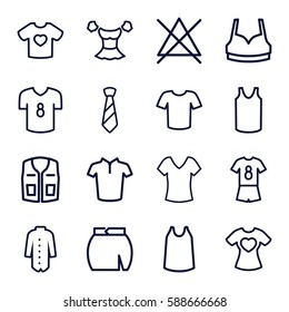 shirt icons set. Set of 16 shirt outline icons such as no bleaching, sport bra, singlet, blouse, skirt, jacket, tie