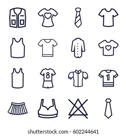 shirt icons set. Set of 16 shirt outline icons such as no bleaching, sport bra, singlet, blouse, skirt, jacket, tie