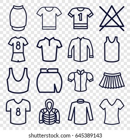 Shirt icons set. set of 16 shirt outline icons such as no bleaching, sport bra, sweater, singlet, jacket, blouse, skirt, hoodie