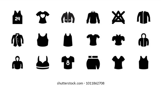 Shirt icons. set of 18 editable filled shirt icons: no bleaching, singlet, jacket, skirt, hoodie
