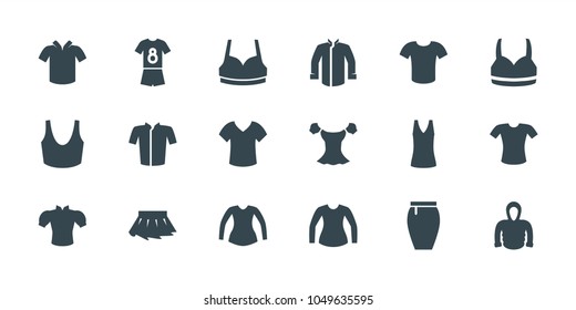 Shirt icons. set of 18 editable filled shirt icons: sport bra, jacket, blouse, skirt, hoodie, football uniform