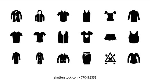Shirt icons. set of 18 editable filled shirt icons: sweater, singlet, skirt, jacket, no bleaching, sport bra, blouse