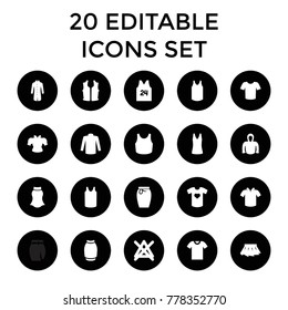 Shirt icons. set of 20 editable filled shirt icons such as no bleaching, sweater, singlet, skirt, hoodie, sport bra. best quality shirt elements in trendy style.