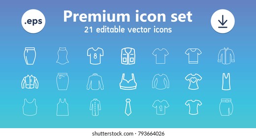 Shirt icons. set of 21 editable outline shirt icons includes sport bra, singlet, skirt, jacket, tie