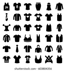 Shirt icons set. set of 36 shirt filled icons such as no bleaching, sport bra, singlet, sweater, jacket, blouse, skirt, hoodie