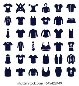 Shirt icons set. set of 36 shirt filled icons such as no bleaching, sport bra, singlet, sweater, jacket, blouse, skirt, hoodie, tie