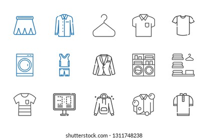 shirt icons set. Collection of shirt with hoodie, scoreboard, laundry, washing machine, suit, sportswear, hanger, skirt. Editable and scalable shirt icons.