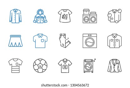 shirt icons set. Collection of shirt with suit, washing machine, football jersey, football, trousers, skirt, tshirt, jacket. Editable and scalable shirt icons.