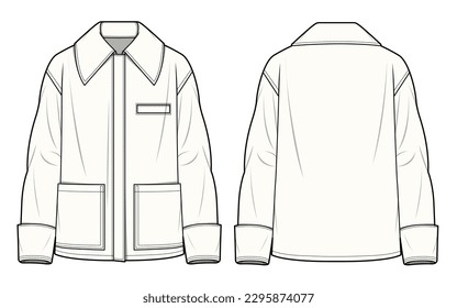 Shirt jacket with button closure, box pocket, front and back view vector template