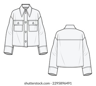 Shirt jacket with classic collar, plate button closure, flap button pocket, long sleeve, front and back view vector template.