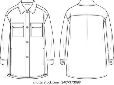 Chaqueta de camisas. Esbozo de moda. Vista frontal y trasera de planos técnicos, manga larga de doble bolsillo de parche para maquillaje casual modelo de maqueta modelo de maqueta maqueta de maqueta.