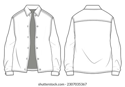 Vista frontal y posterior de la Chaqueta de la camiseta. Moda Ilustración, Vector, CAD, Dibujo Técnico, Plano Plano, Plantilla, Trampa.