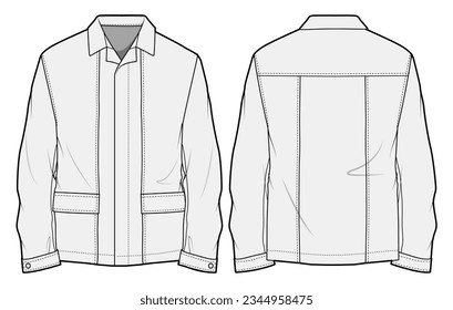 Shirt Jacket Front and Back View. Fashion Flat Sketch Vector Illustration, CAD, Technical Drawing, Flat Drawing, Template, Mockup.