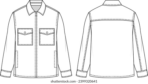 Shirt jacket. One-way front zipper opening. Relaxed fit. Vector illustration. Flat technical drawing. Mockup template.