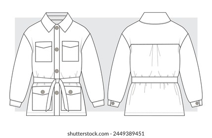 Chaqueta de camisa con corbatas en la cintura boceto técnico. Ilustración vectorial.