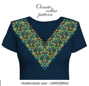 Shirt, jacket and T-shirt collar pattern. Embroidery ornament. V neck. Vector. Yellow blue green