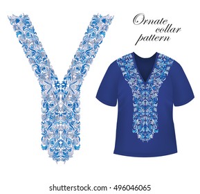 Shirt, jacket and T-shirt collar pattern. Embroidery ornament. Vector. Blue