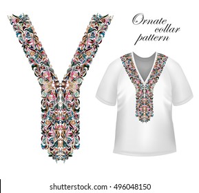 Shirt, jacket and T-shirt collar pattern. Embroidery ornament. V neck. Vector. Colorful