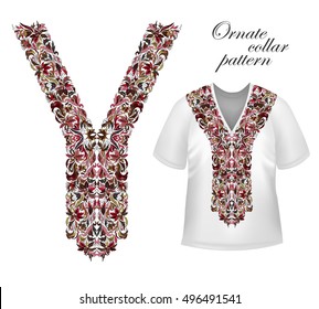 Shirt, jacket and T-shirt collar pattern. Embroidery ornament. Vector. Bright vinous brown