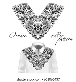 Shirt, jacket and T-shirt collar pattern. Embroidery ornament. V neck. Vector. Black and white