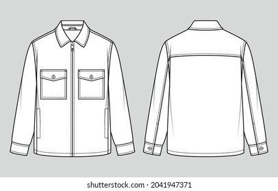 Shirt jacket  Zip down the front  Relaxed Fit  Vector illustration  Flat technical drawing  Mockup template 	
