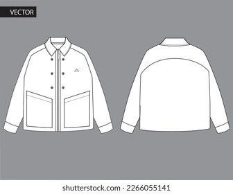 Chaqueta de camisas. Zip hacia el frente. Ajuste relajado. Ilustración vectorial. Dibujo técnico plano. Plantilla de mordaza. Hombres abrigan chaqueta para los hombres