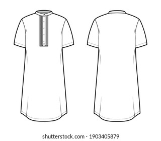 Shirt kurta technical fashion illustration with short sleeves, embellished henley neck. Flat indian shalwar qameez tunic apparel outwear template front, back, white color. Women men unisex CAD mockup