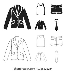 Shirt with long sleeves, shorts, T-shirt, tie.Clothing set collection icons in black,outline style vector symbol stock illustration web.