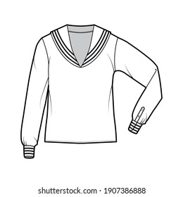Shirt middy sailor suit technical fashion illustration with long sleeves with cuff, tunic length, oversized. Flat apparel top outwear blouse template front, white color. Women men unisex CAD mockup
