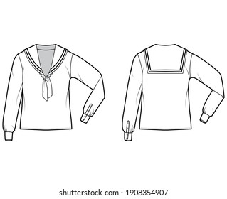 Shirt middy sailor suit technical fashion illustration with bow, long sleeves with cuff, tunic length. Flat apparel top outwear blouse template front, back, white color. Women men unisex CAD mockup