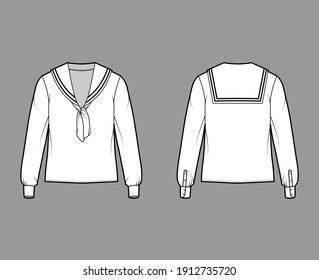 Shirt middy sailor suit technical fashion illustration with bow, elbow fold long sleeves with cuff, tunic length. Flat apparel top blouse template front, back, white color. Women men unisex CAD mockup