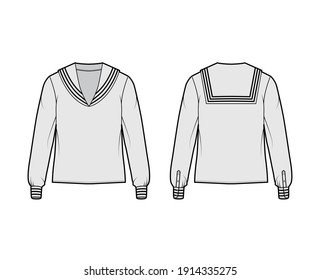 Shirt middy sailor suit technical fashion illustration with long sleeves with cuff, tunic length, oversized. Flat apparel top outwear blouse template front back grey color. Women men unisex CAD mockup