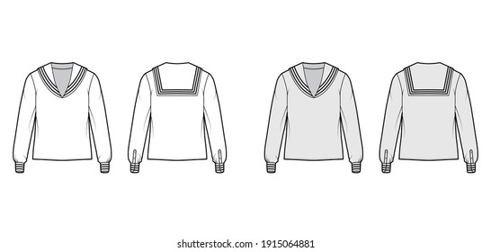 Shirt middy sailor suit technical fashion illustration with long sleeves with cuff, tunic length, oversized. Flat apparel top blouse template front, back, white grey color. Women men unisex CAD mockup