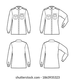 Shirt military technical fashion illustration with epaulette, flaps angled pockets, elbow fold long sleeve, relax fit, button-down, collar. Flat template front, back white color. Women men unisex top