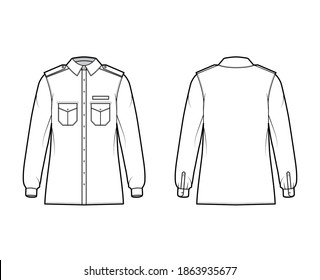 Shirt military technical fashion illustration with epaulette, flaps angled pockets, long sleeve, relax fit, button-down, classic collar. Flat template front, back white color. Women men unisex top 