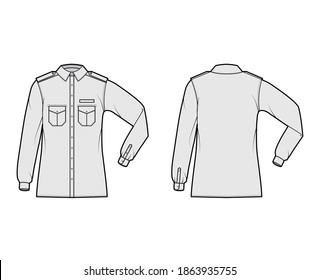 Shirt military technical fashion illustration with epaulette, flaps angled pockets, elbow fold long sleeve, relax fit, button-down. Flat template front, back grey color. Women men unisex top 